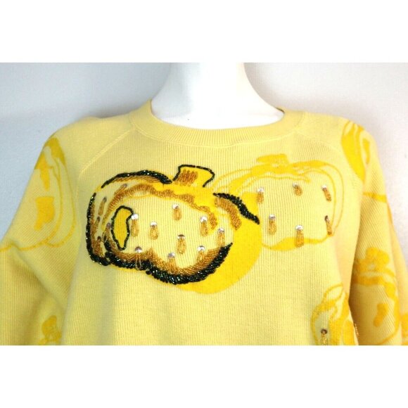 VINTAGE FALL AUTUMN YELLOW SWEATER - PUMPKINS BEADED DETAIL - SIZE M - Picture 2 of 7